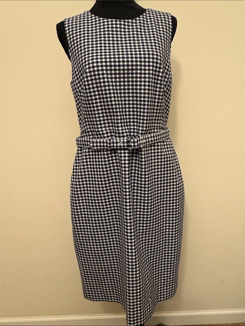 J. Crew Navy and White Gingham Sleeveless Belted Midi Dress Size 10